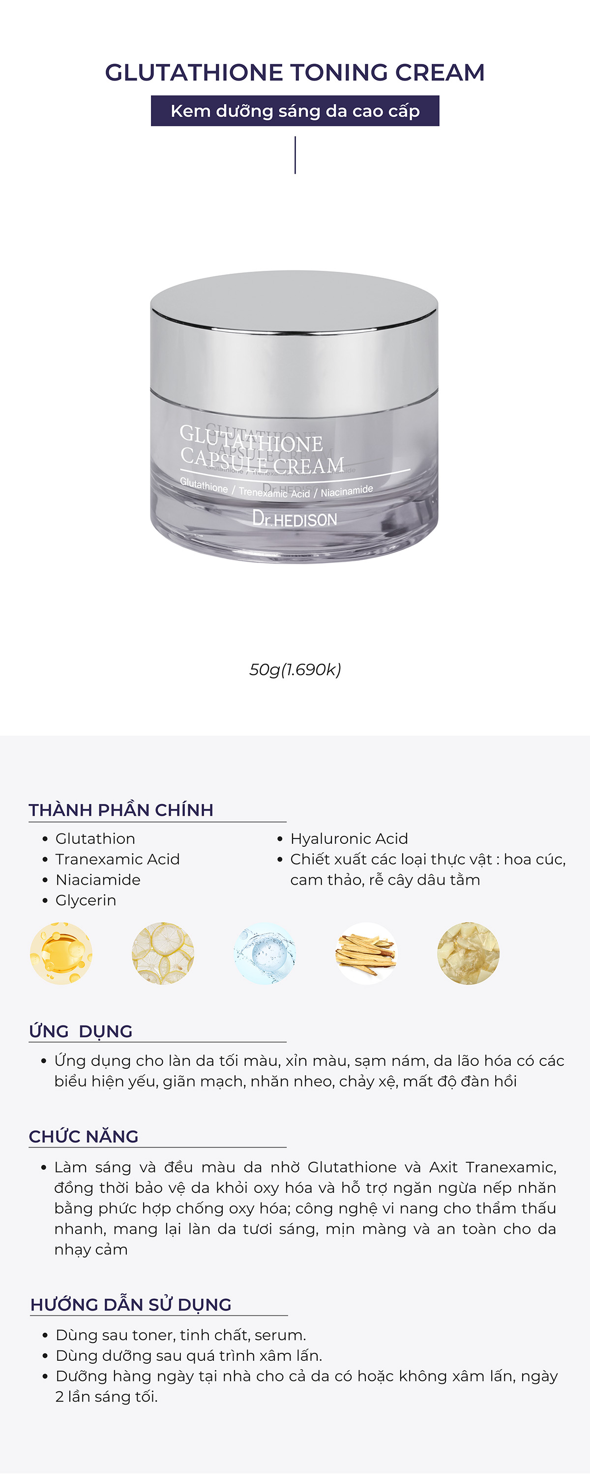 Kem dưỡng sáng da cao cấp Glutathione Toning Cream 50g